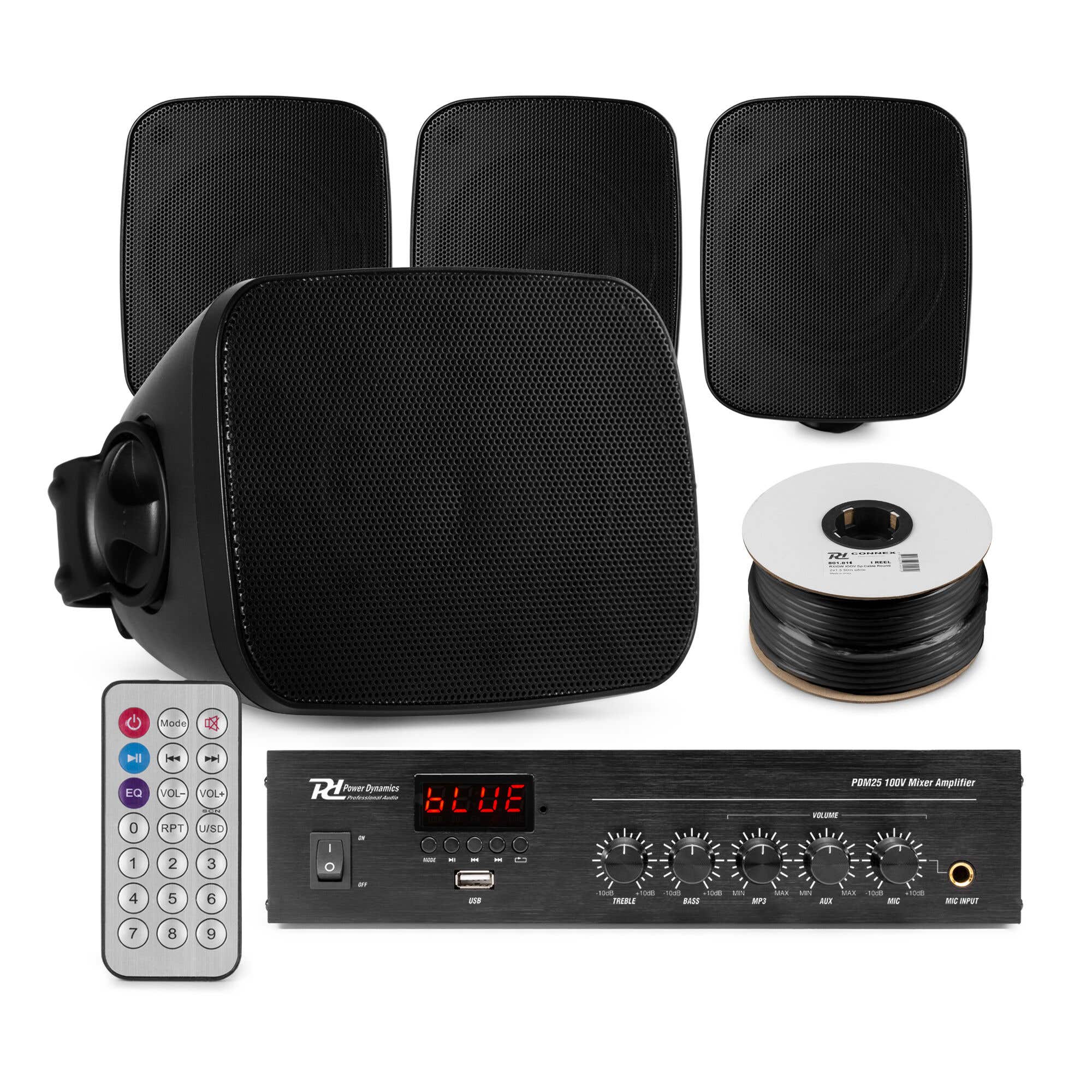 Power Dynamics Outdoor Lautsprecher Set –  4 wasserdichte Mini-Boxen – BT & FM Radio – Schwarz