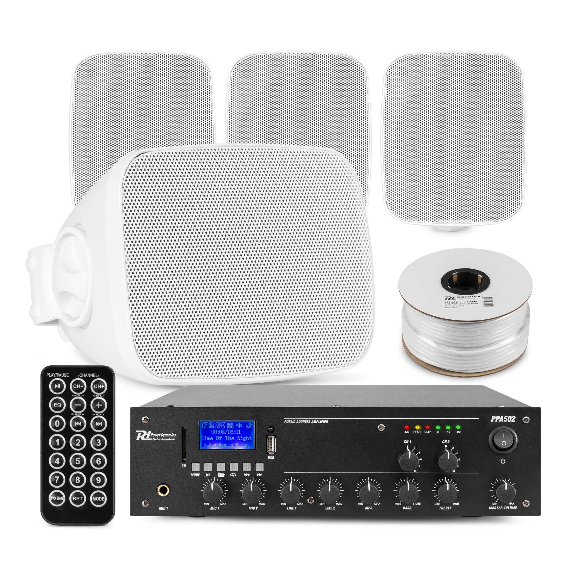 Power Dynamics 100V Set – 4 weiße Outdoor Lautsprecher – 2-Zonen Verstärker – Bluetooth – Weiß