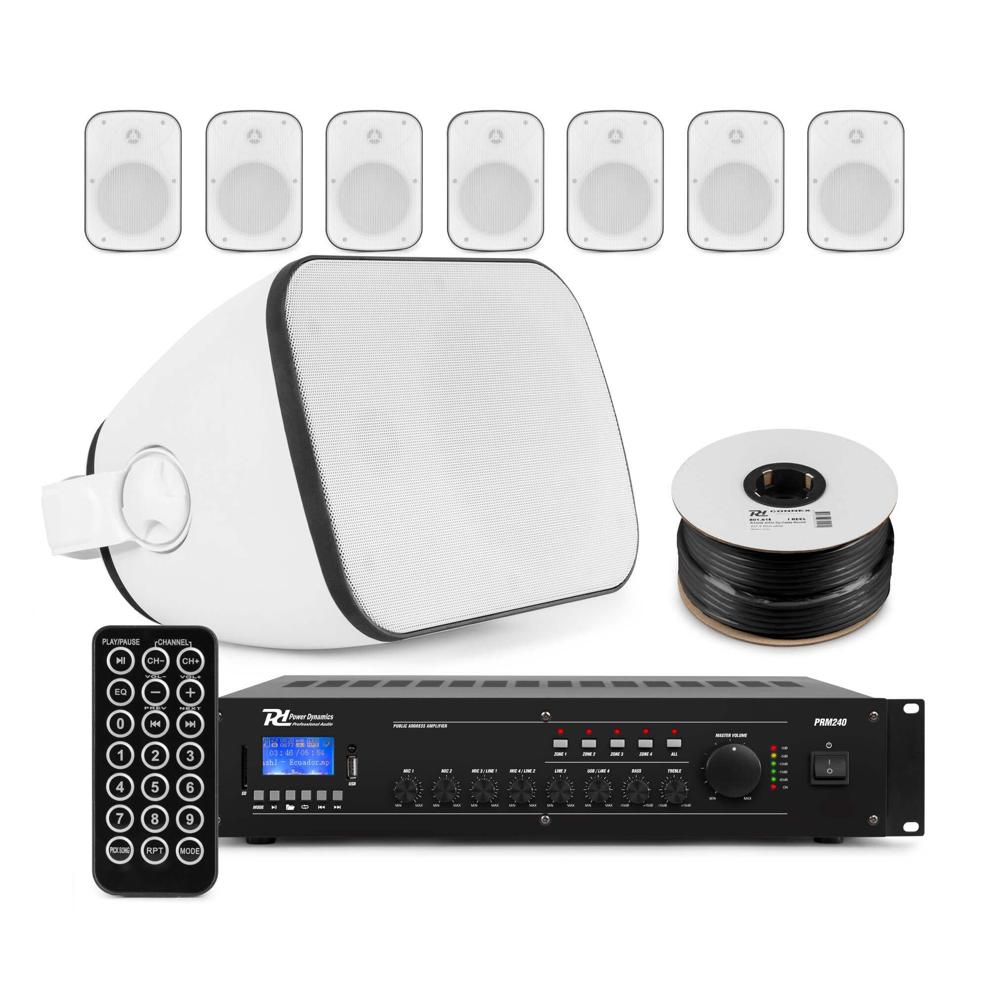 Power Dynamics 100V Soundanlage – 8 Lautsprecher, 4 Zonen Verstärker & 100m Kabel – Weiß
