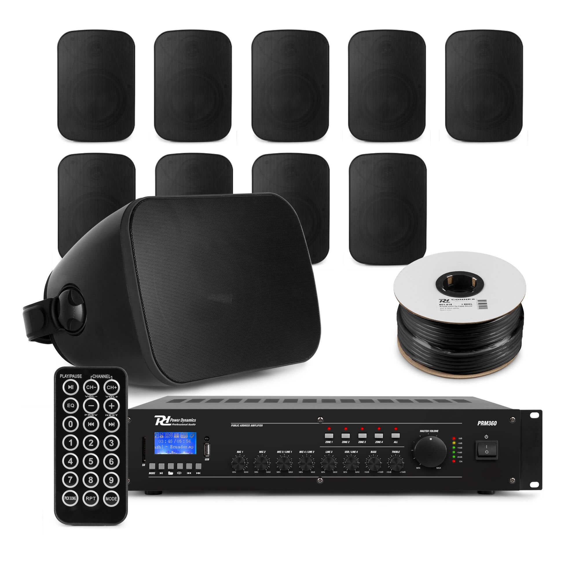 Power Dynamics komplette 100V Soundanlage – 10 Lautsprecher inkl. Bluetooth Verstärker – Schwarz