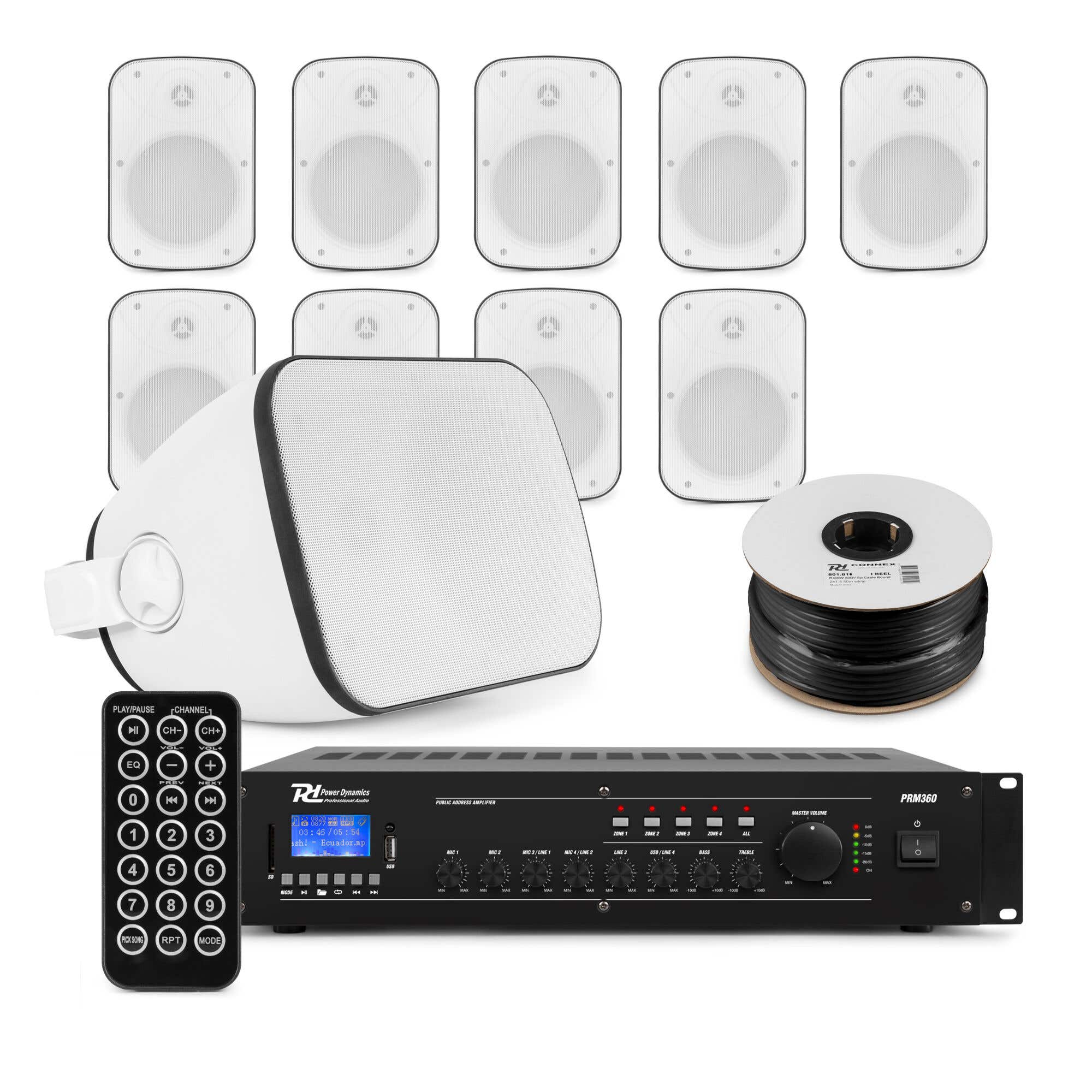 Power Dynamics komplette 100V Soundanlage – 10 Lautsprecher inkl. Bluetooth Verstärker – Weiß