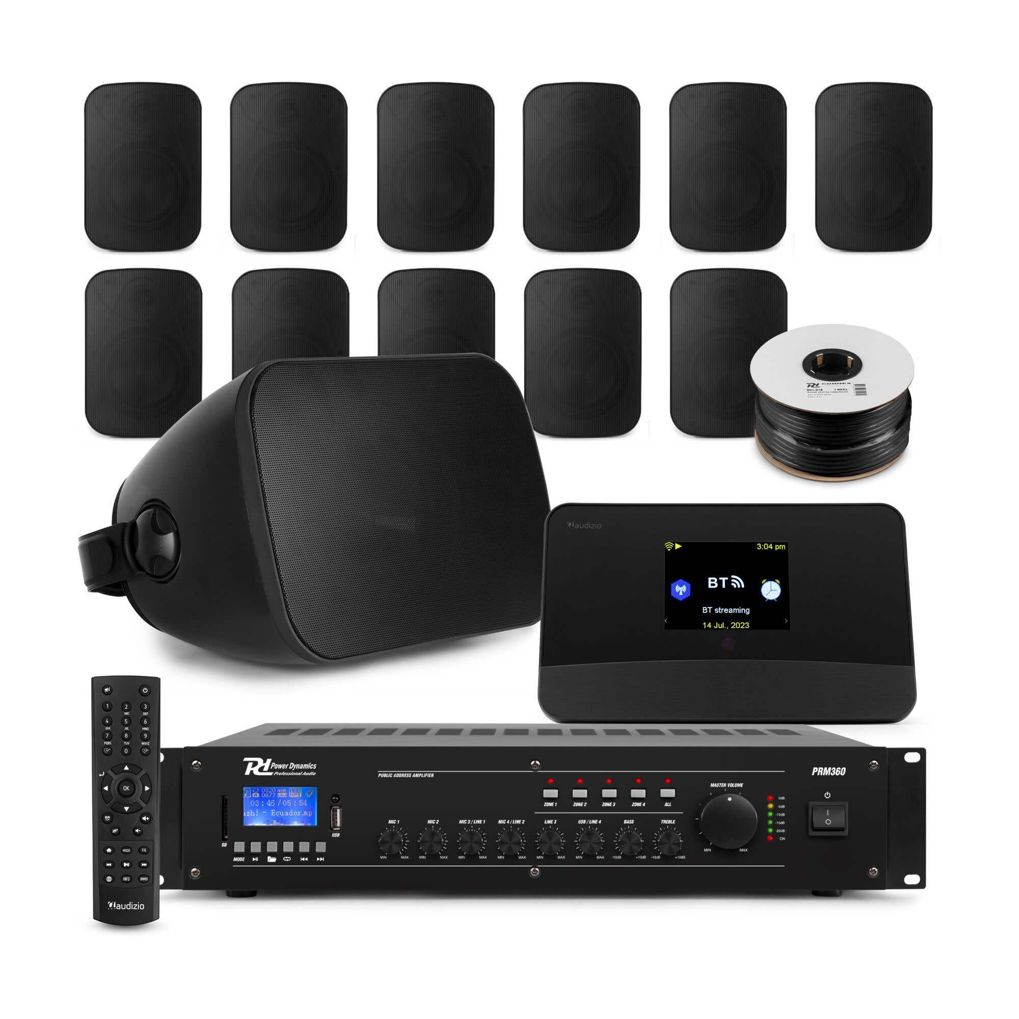 Power Dynamics 100V Audio Anlage mit Internetradio – 12 Lautsprecher & Zonen Verstärker – Schwarz