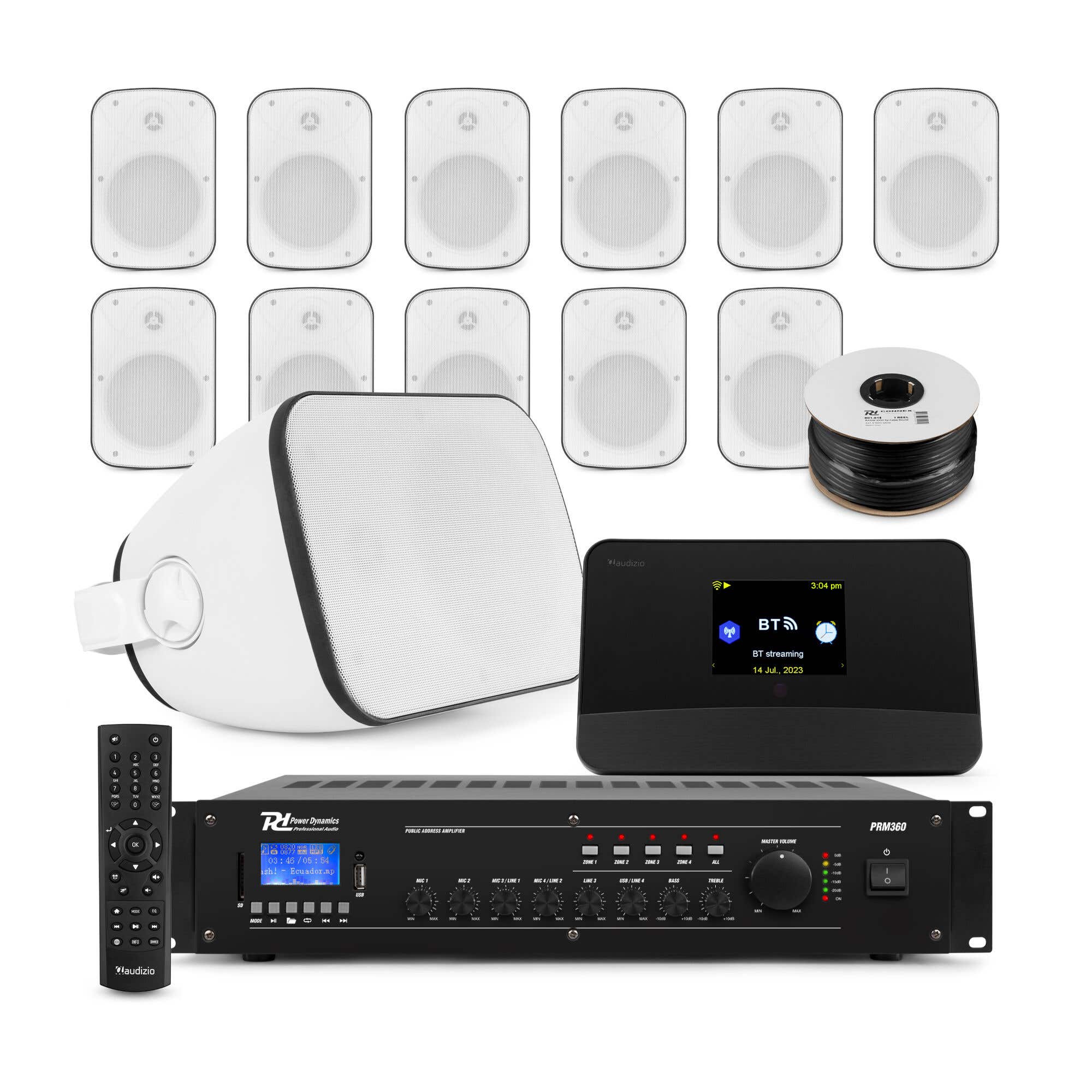 Power Dynamics 100V Audio Anlage mit Internetradio – 12 Lautsprecher & Zonen Verstärker – Weiß