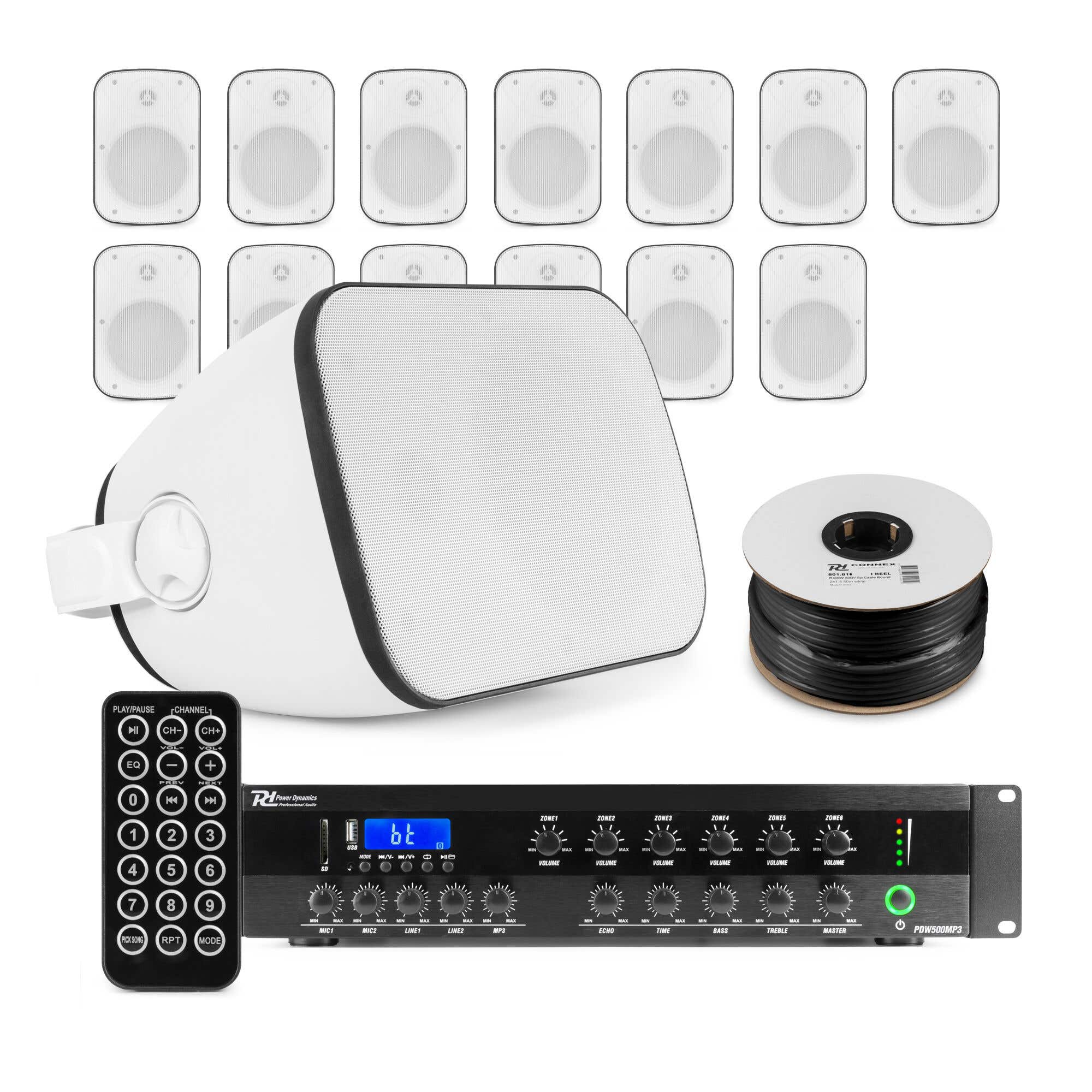 Power Dynamics professionelle Soundanlage - 14x Lautsprecher & 6-Zonen 100V Verstärker - Weiß