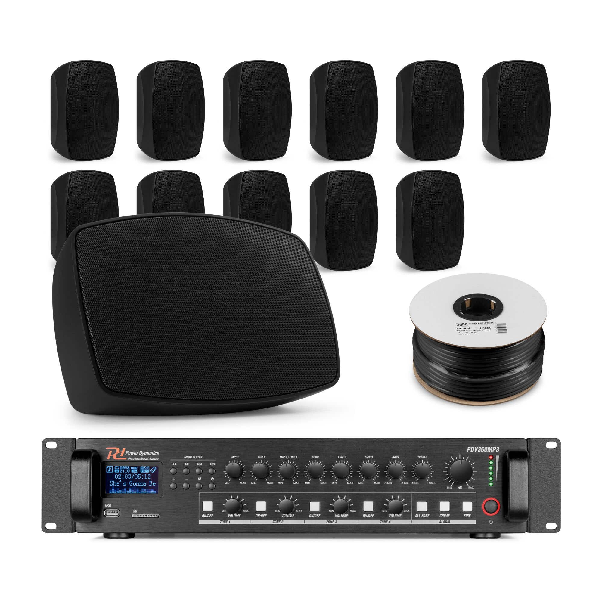 Power Dynamics professionelle Soundanlage - 12 Outdoor Lautsprecher mit Verstärker - Schwarz