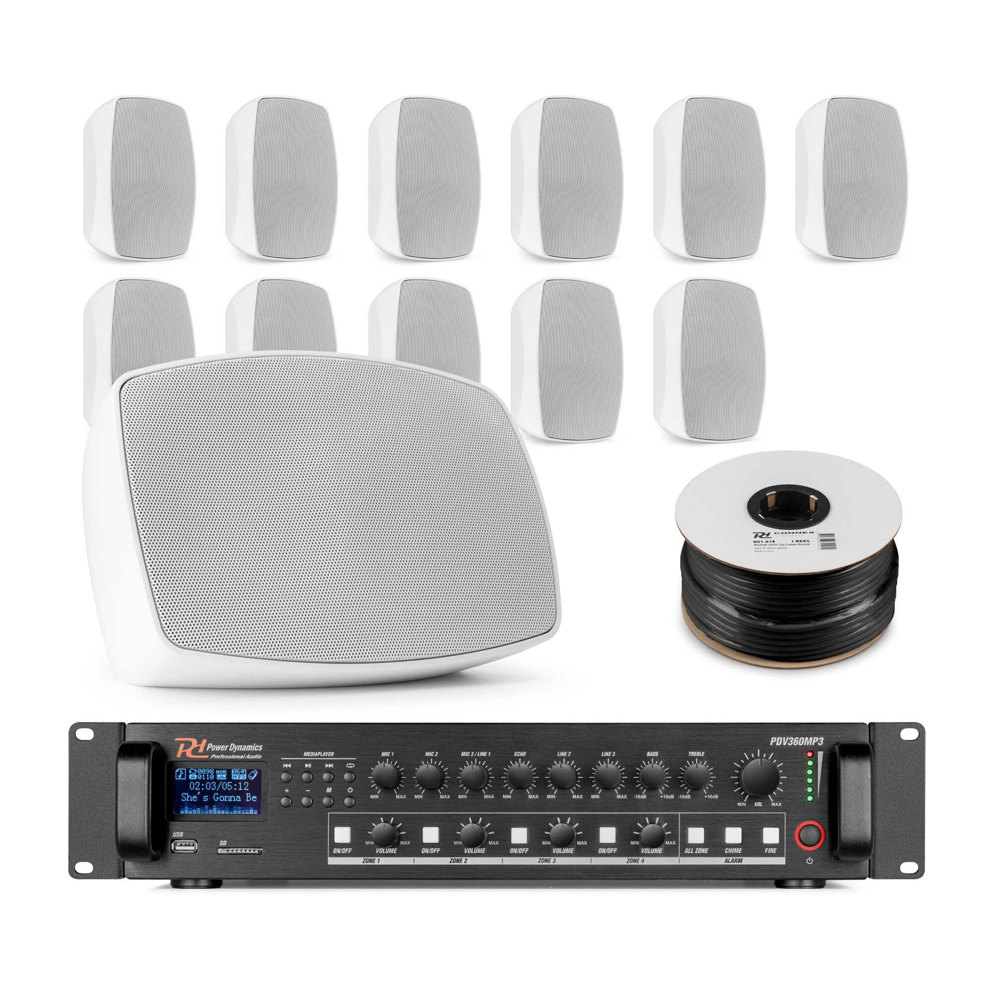 Power Dynamics professionelle Soundanlage - 12 Outdoor Lautsprecher mit Verstärker - Weiß