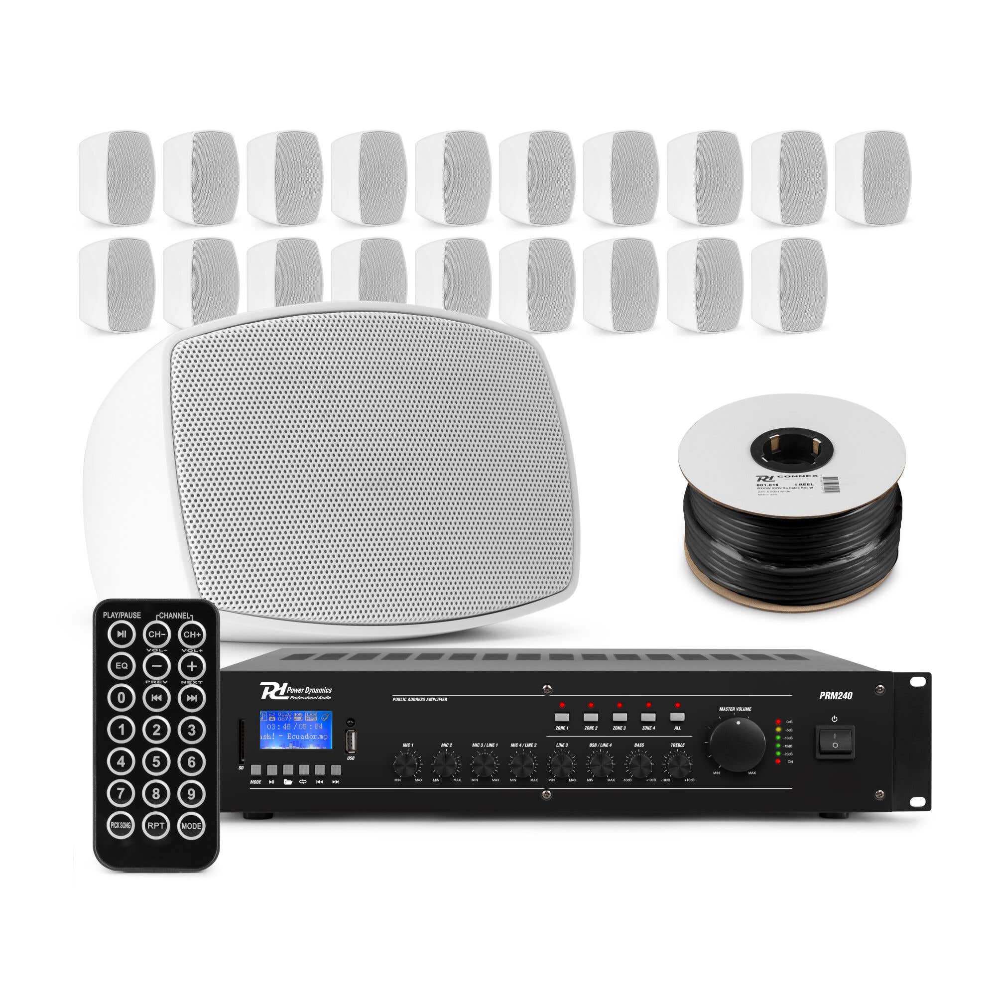 Power Dynamics Professionelle Soundanlage– 100V System mit 20 Outdoor Lautsprechern – Weiß