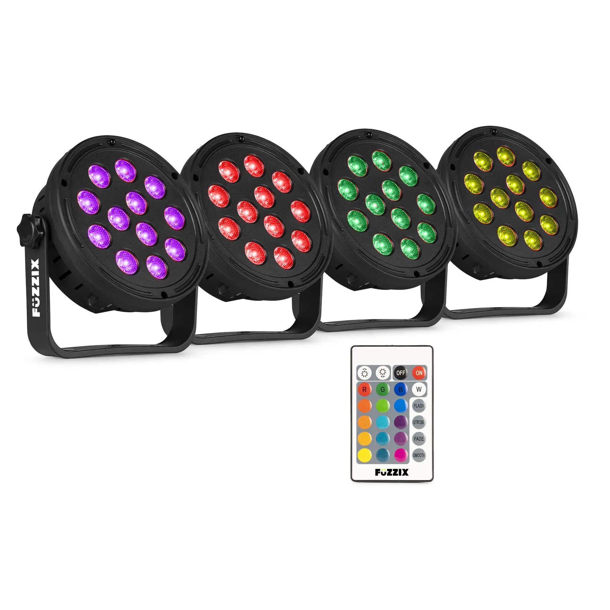 B-Ware - Fuzzix Comet M12 LED Par Set – 4 LED-Pars mit 12 RGB-LEDs – Discolampen inkl. Fernbedienung