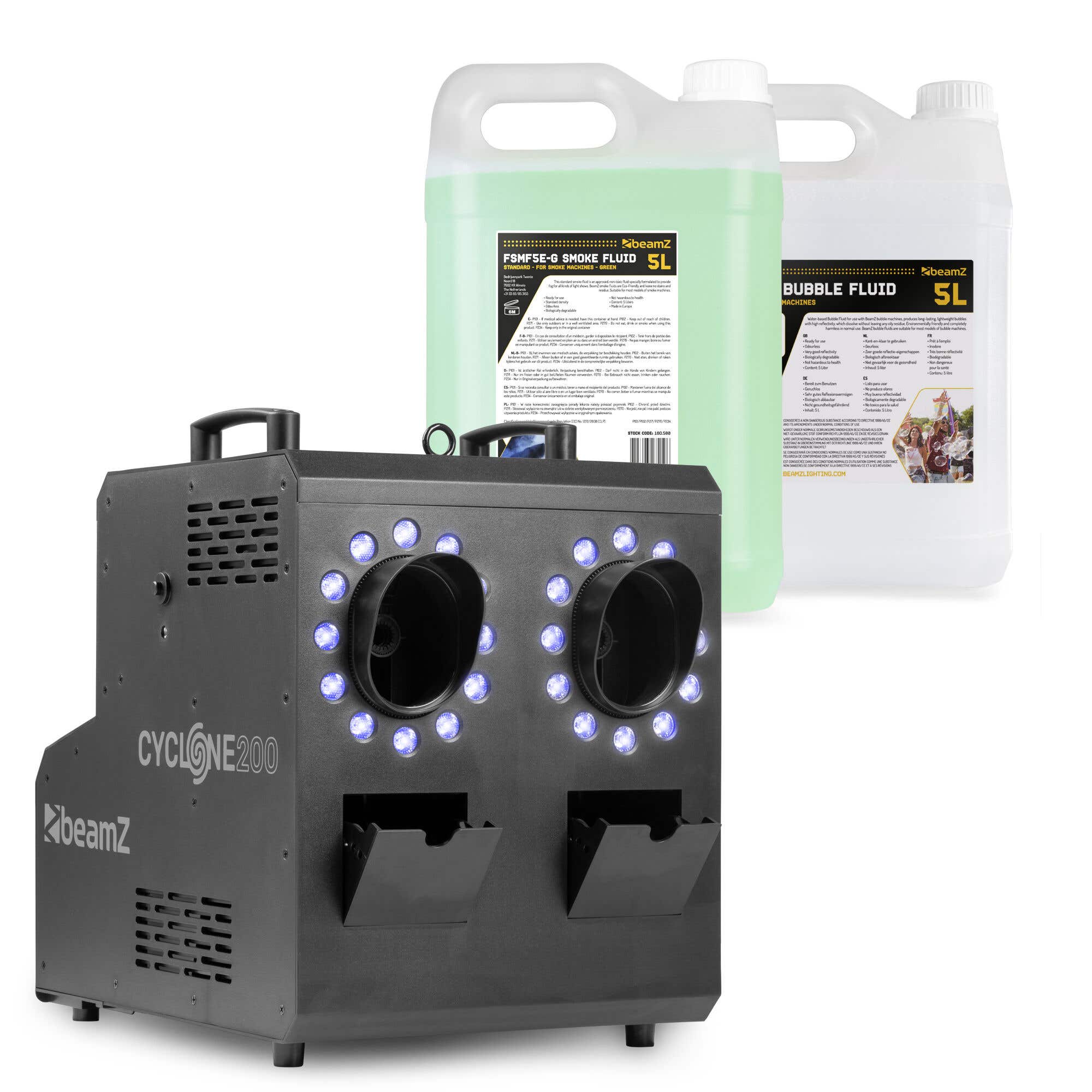 BeamZ Cyclone200 Nebel- & Seifenblasenmaschine – 24 RGBW LEDs – Inkl. 5L Nebelfluid + 5L Seifenfluid