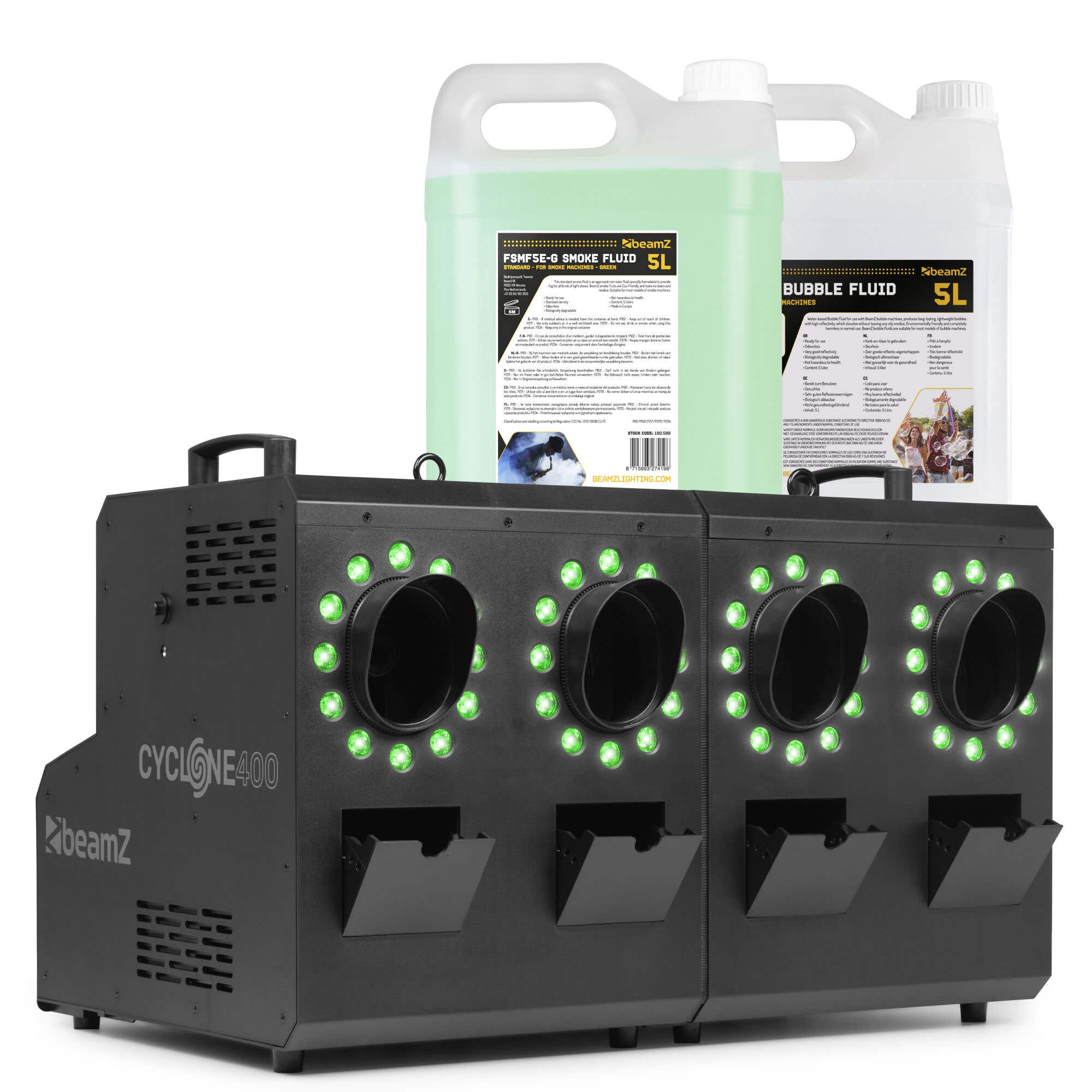 BeamZ Cyclone400 Nebel- & Seifenblasenmaschine – 48 RGBW LEDs – Inkl. 5L Nebelfluid + 5L Seifenfluid
