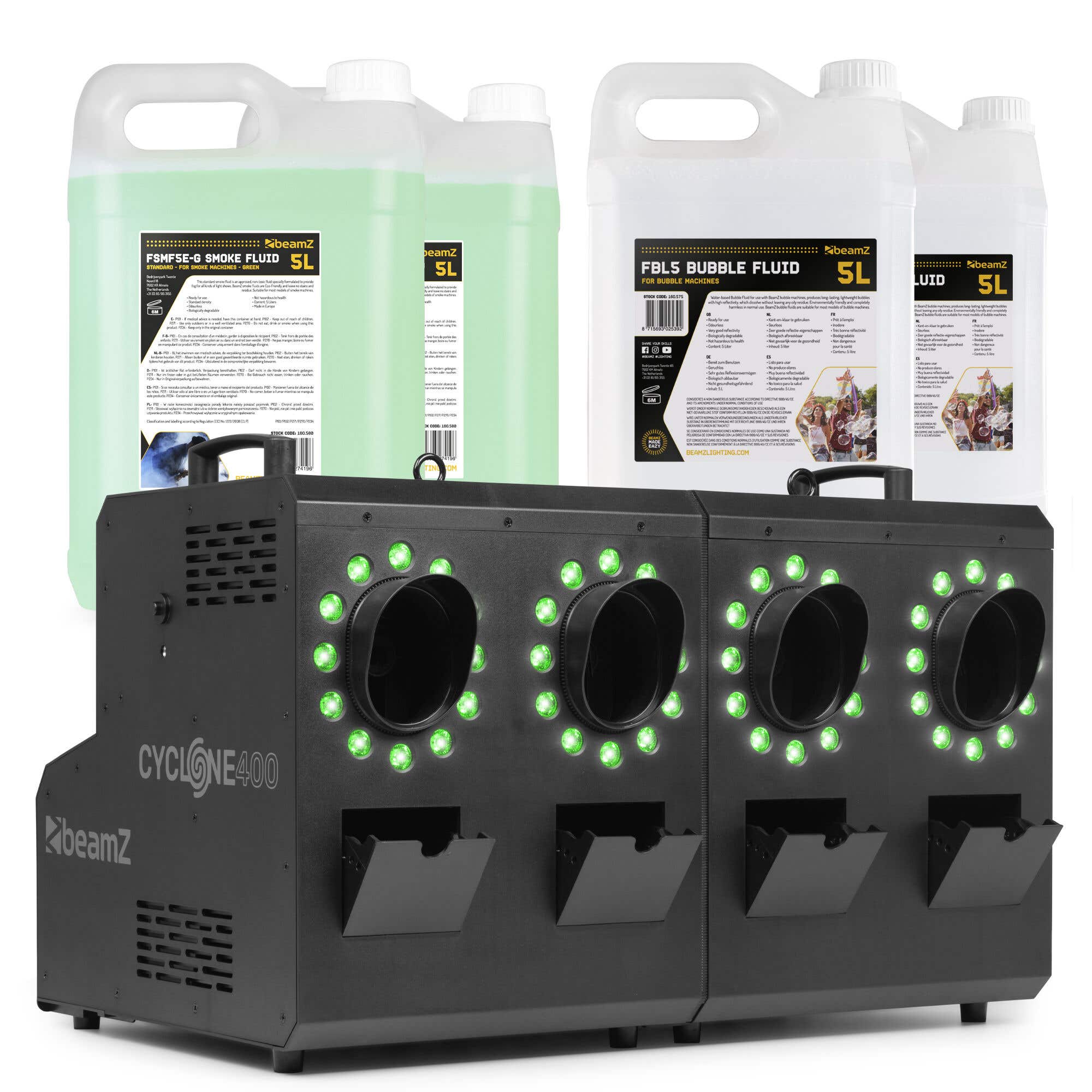 BeamZ Cyclone400 Nebel- & Seifenblasenmaschine – 48 RGBW LEDs & 10L Nebelfluid + 10L Seifenfluid