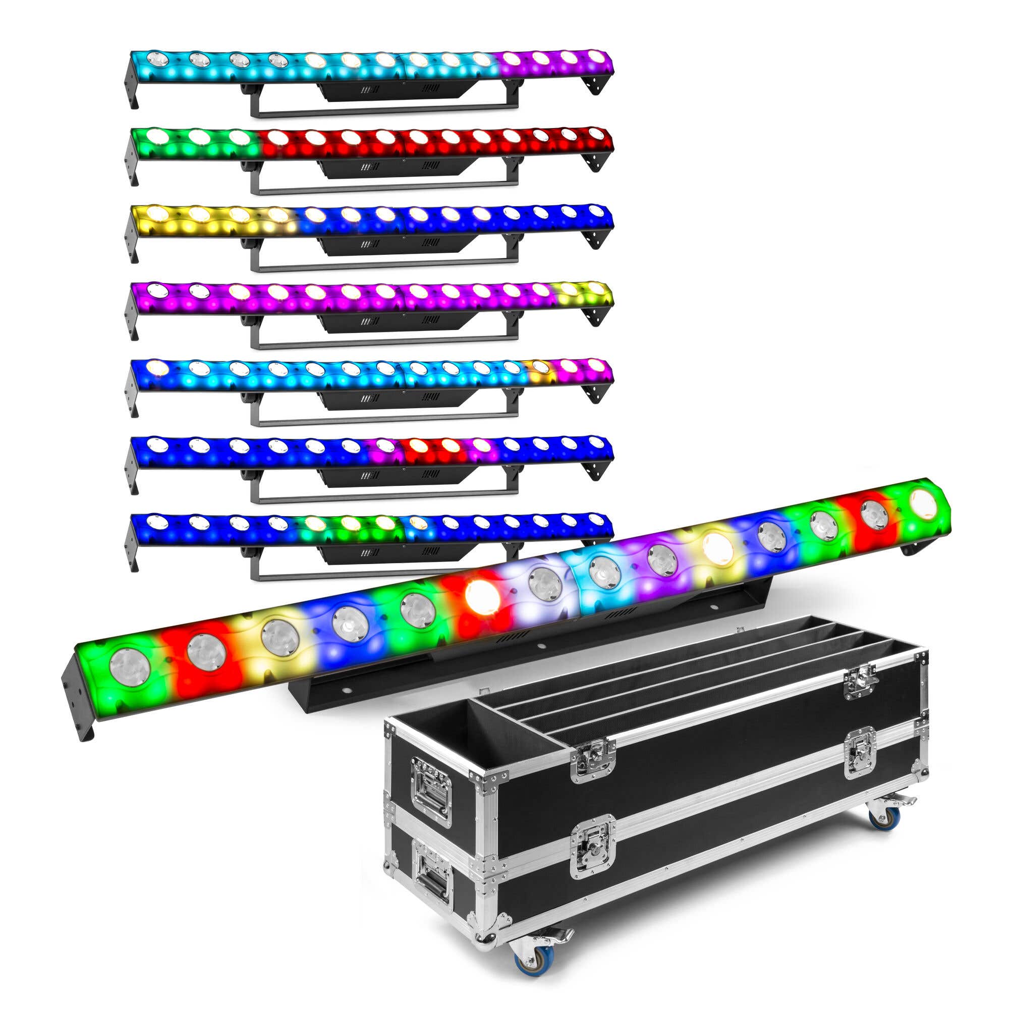 BeamZ Set mit 8 LCB14 Hybrid Sunstrip LED Bars im Flightcase - WW/RGB mit Pixel Control