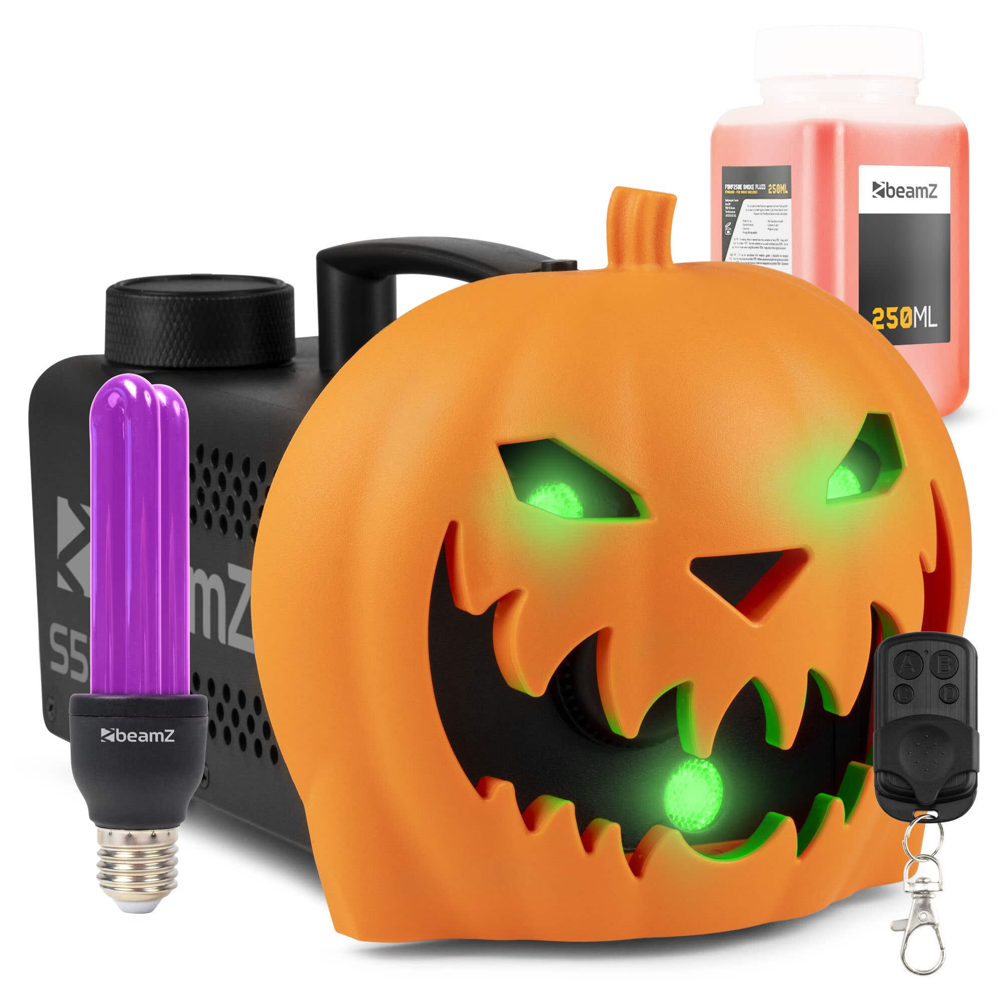 BeamZ Halloween Nebelmaschine Party Set - Mit aufsteckbarem Kürbiskopf - UV-Schwarzlichtlampe und Lichteffekten